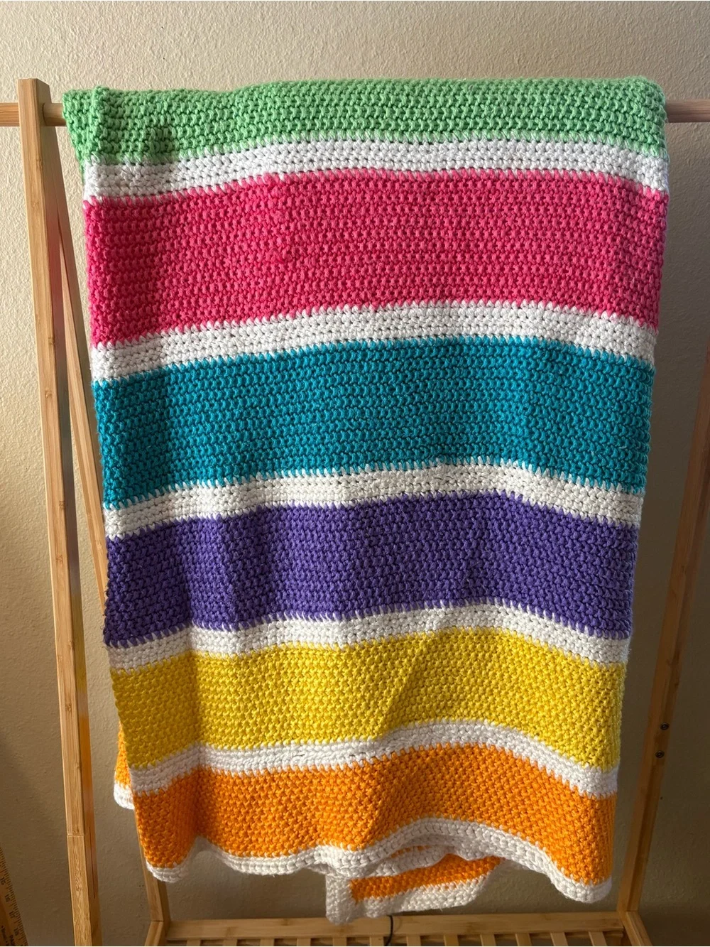 Handmade Crochet Striped Colorblock Throw - Bright Rainbow Colors Large